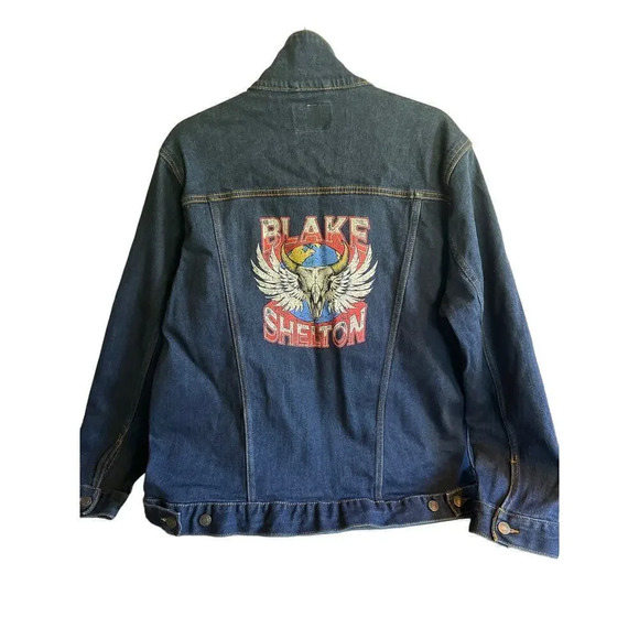 Blake Shelton Denim Jean Jacket Bull Skull Wings Autograph Tour Concert L - Picture 1 of 8